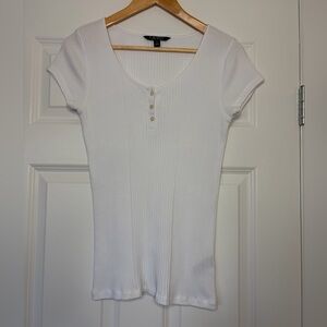 Lauren Ralph Lauren White Ribbed Short Sleeve Button Placket Tee Size M